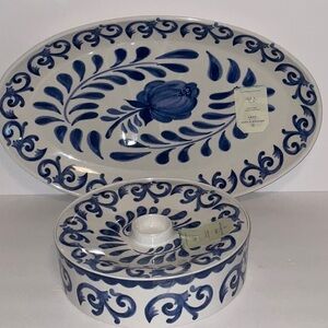 ARTISAN DE LUXE BLUE ROSE MELAMINE 17” OVAL SERVING PLATTER 9” TORTILLA DRUM NWT